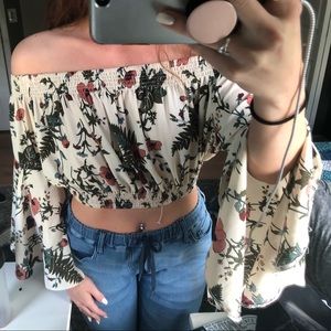 LF floral bell sleeve off the shoulder crop top